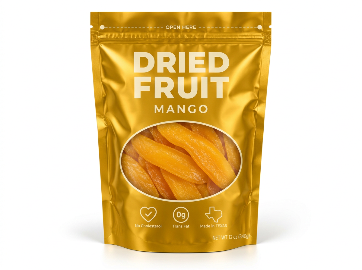 Unbranded golden-yellow dried mango pouch with a product window and Texas-made icons